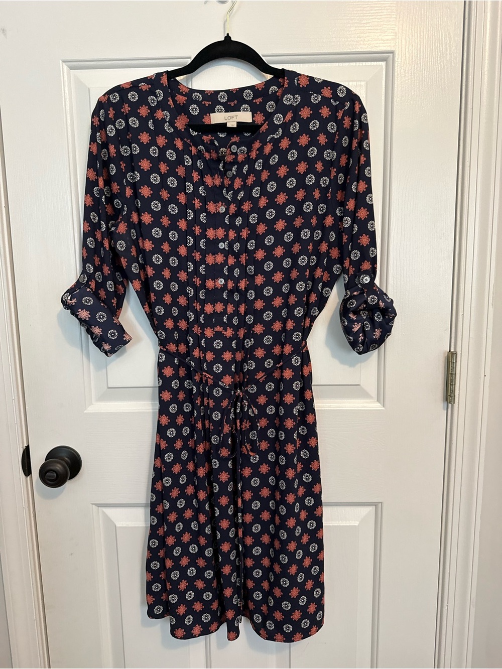 LOFT Knee-length Navy Dress with Coral and Cream Floral Motif